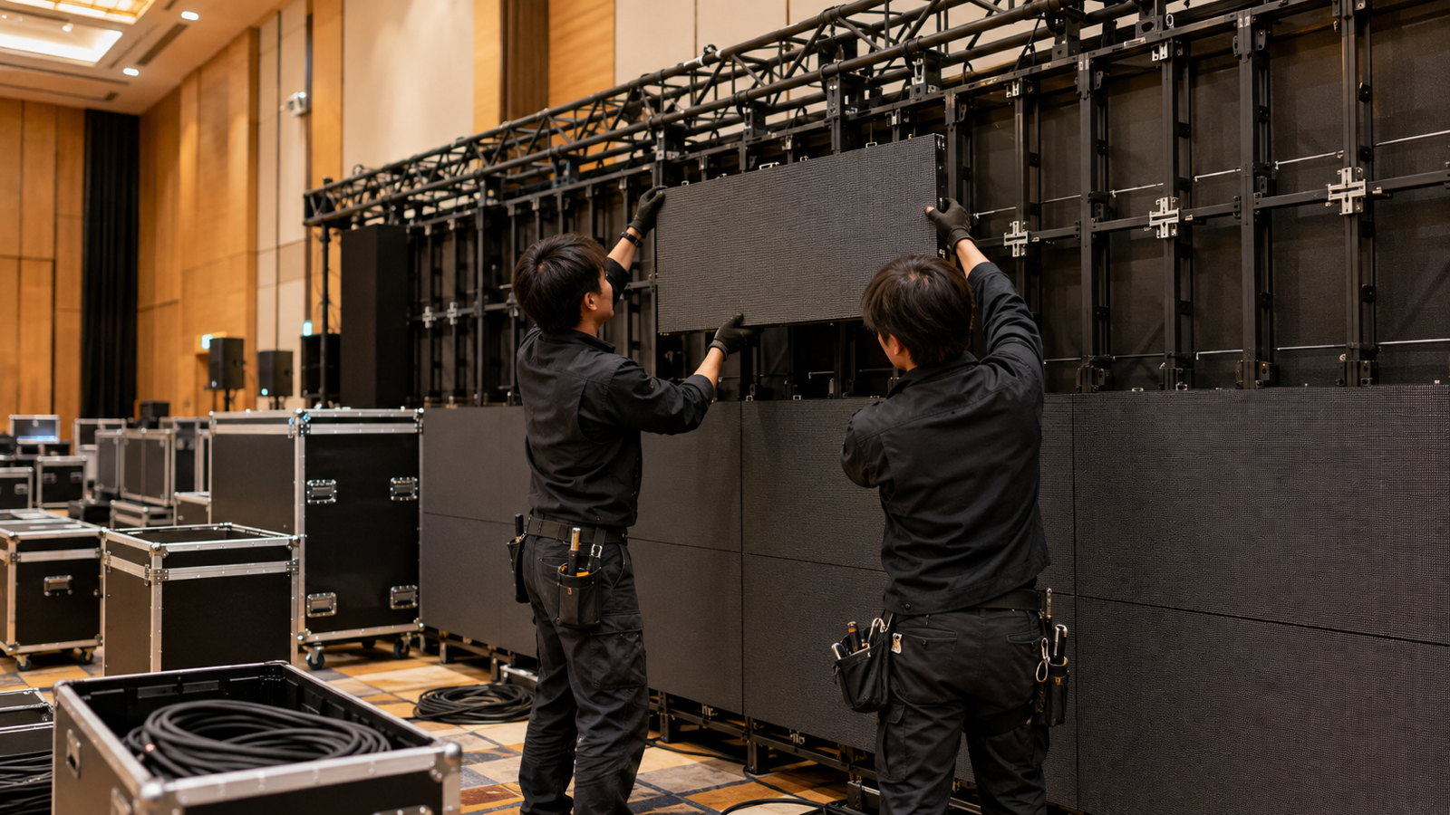 大型LEDビジョンのパネルを組み上げる設営スタッフ