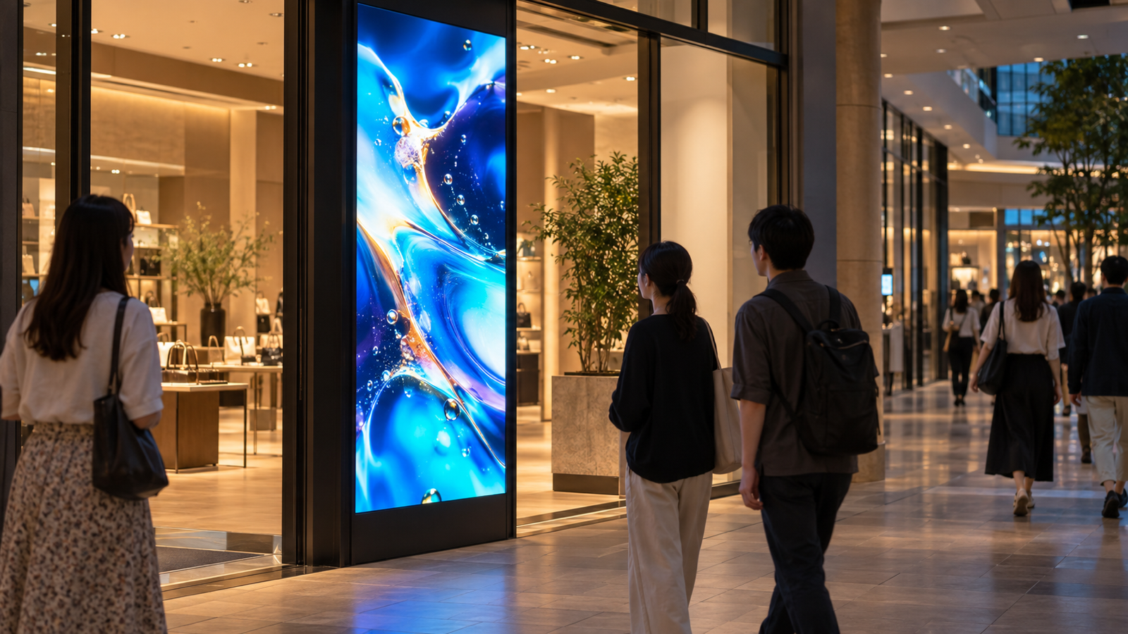 店舗の入口に設置されたLEDサイネージが、通りがかりの方の目を引いている様子