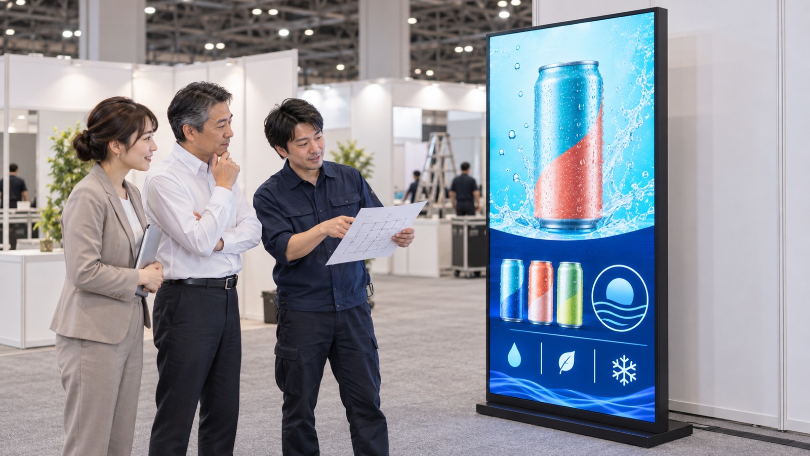 設営中の展示会場で、自立型のLEDビジョンの見え方を確かめながら会場図面を見て打ち合わせるイベント担当者と技術スタッフ