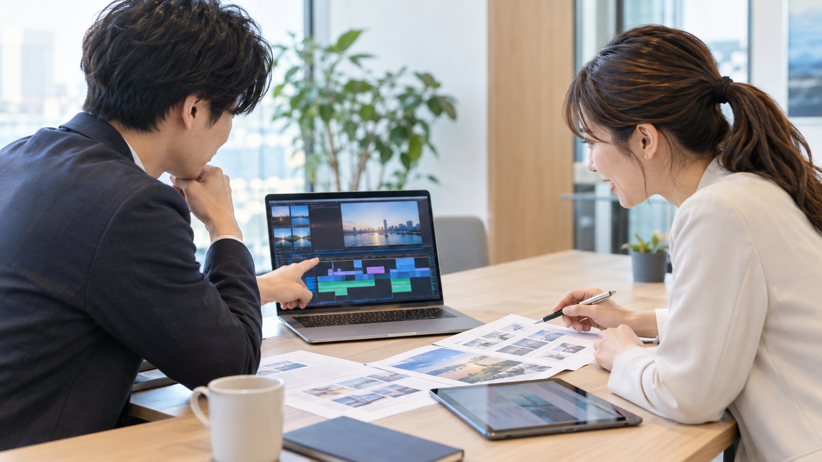 LEDビジョンに流す映像の内容を打ち合わせている様子