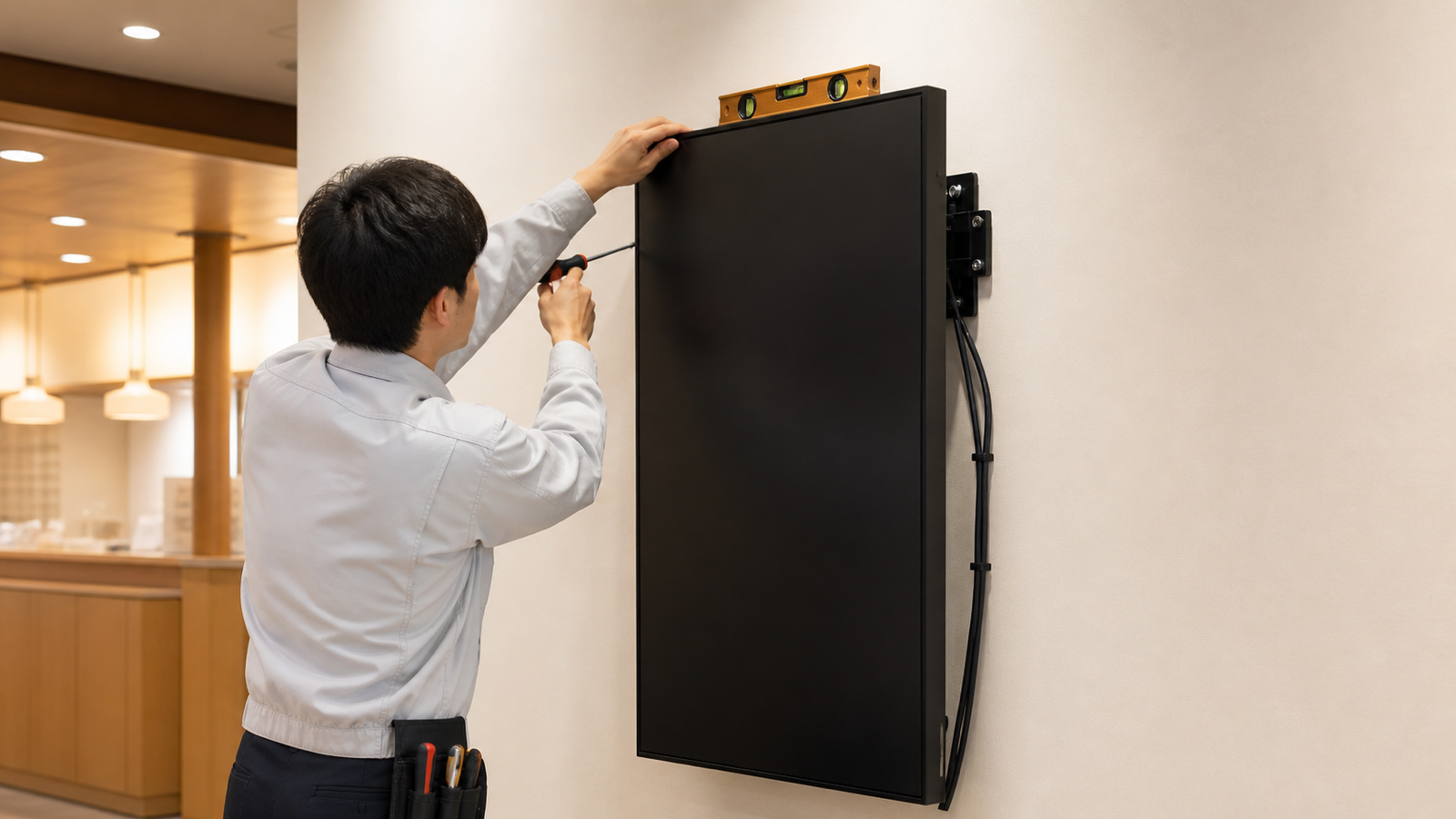 LEDスタンドサイネージを店頭に設置する作業