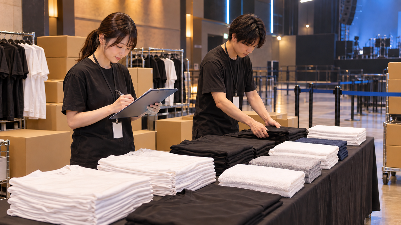 ライブ会場の物販ブースを準備するスタッフ