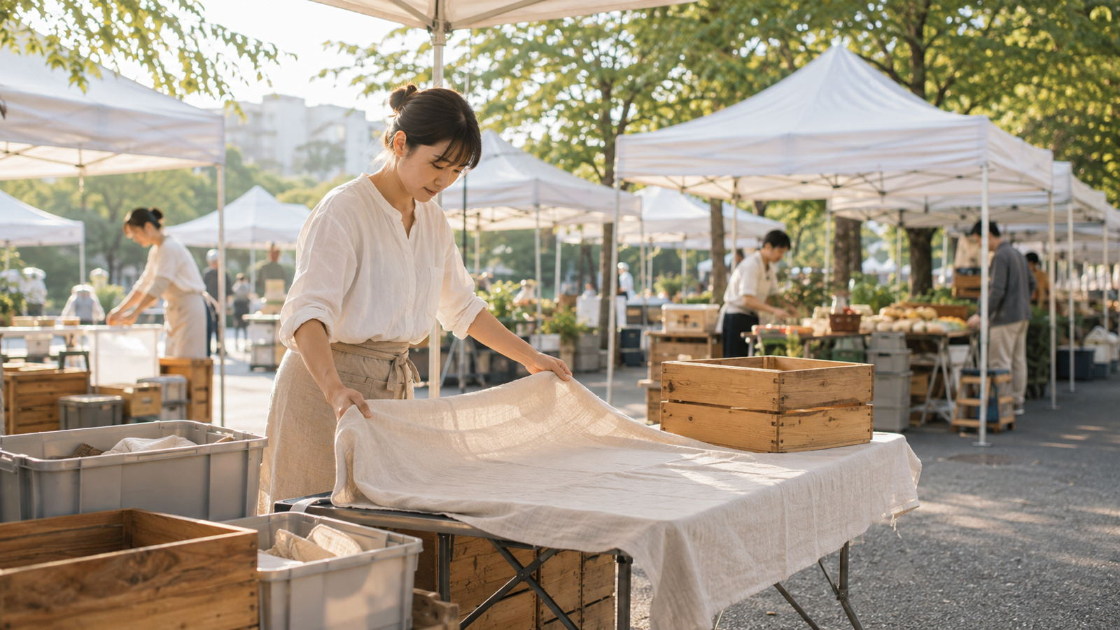 開店前の朝、マルシェ会場でブースを設営する出店者