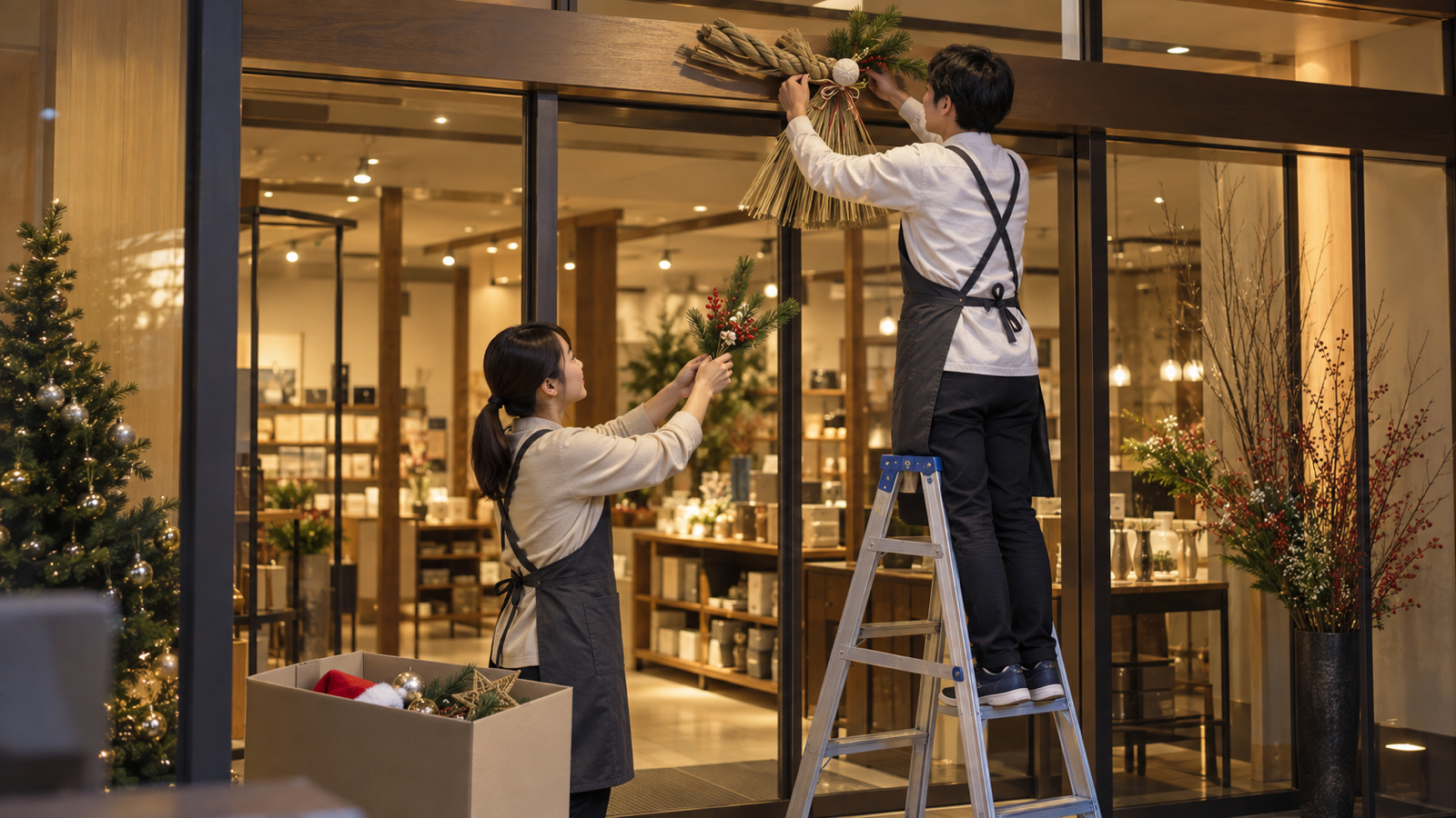 閉店後の店舗でクリスマス装飾からお正月装飾へ掛け替える作業の様子