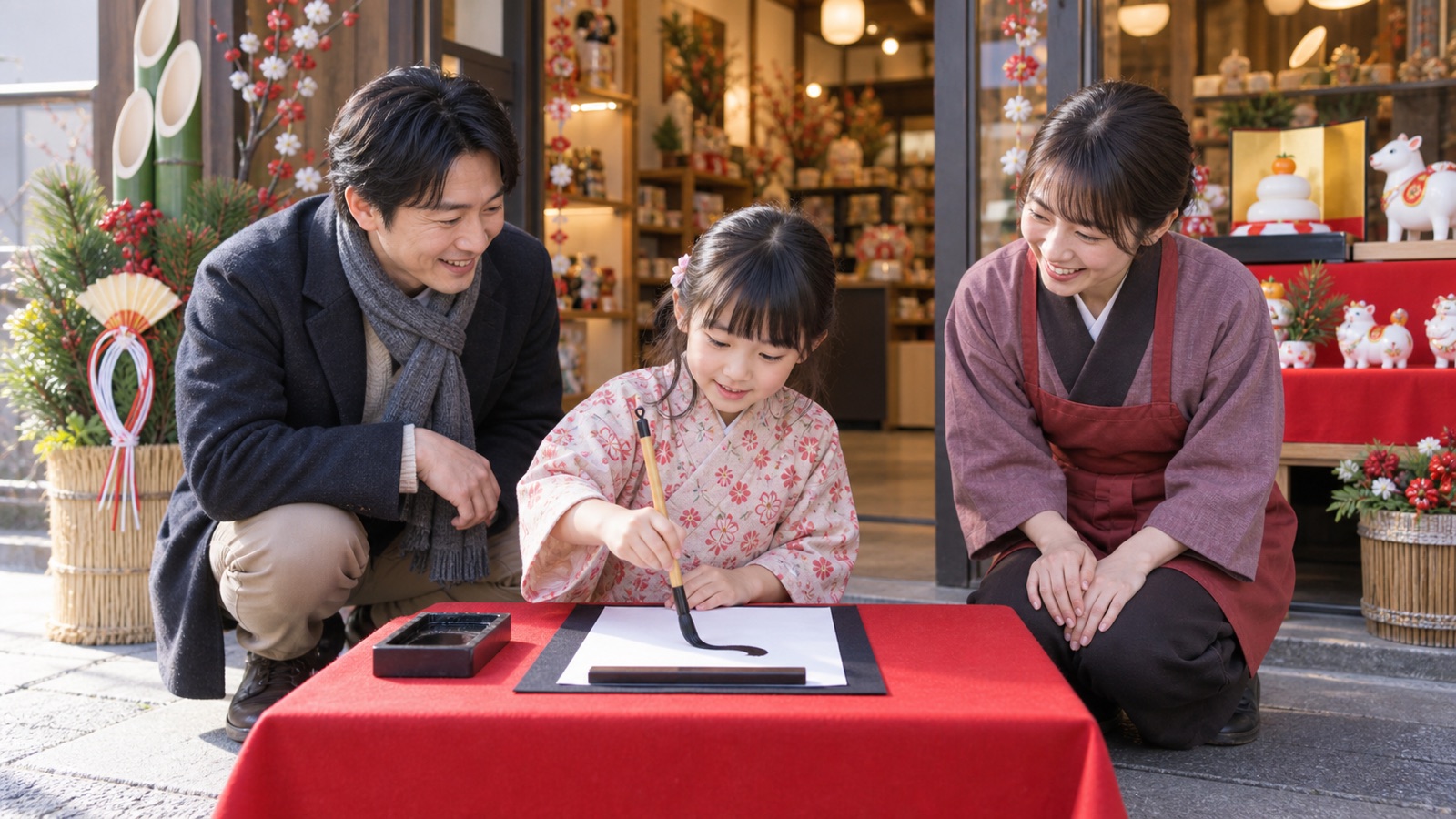 雑貨店の店先の書き初めコーナーで筆を持つ子どもと見守る家族