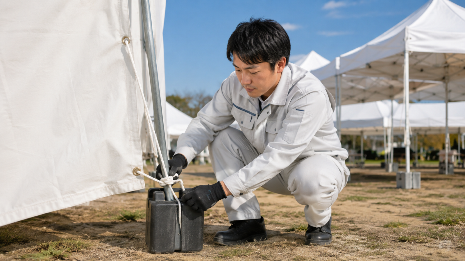 テントの脚にウエイトを固定する設営スタッフ