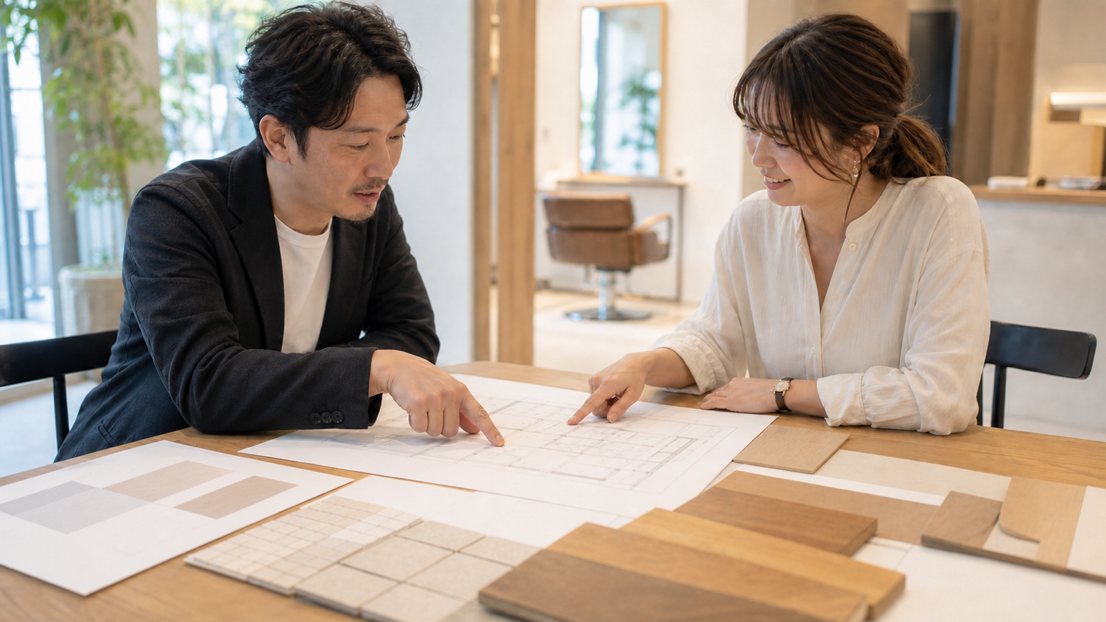 美容室の開業に向けた打ち合わせ。図面を挟んでレイアウトを検討している