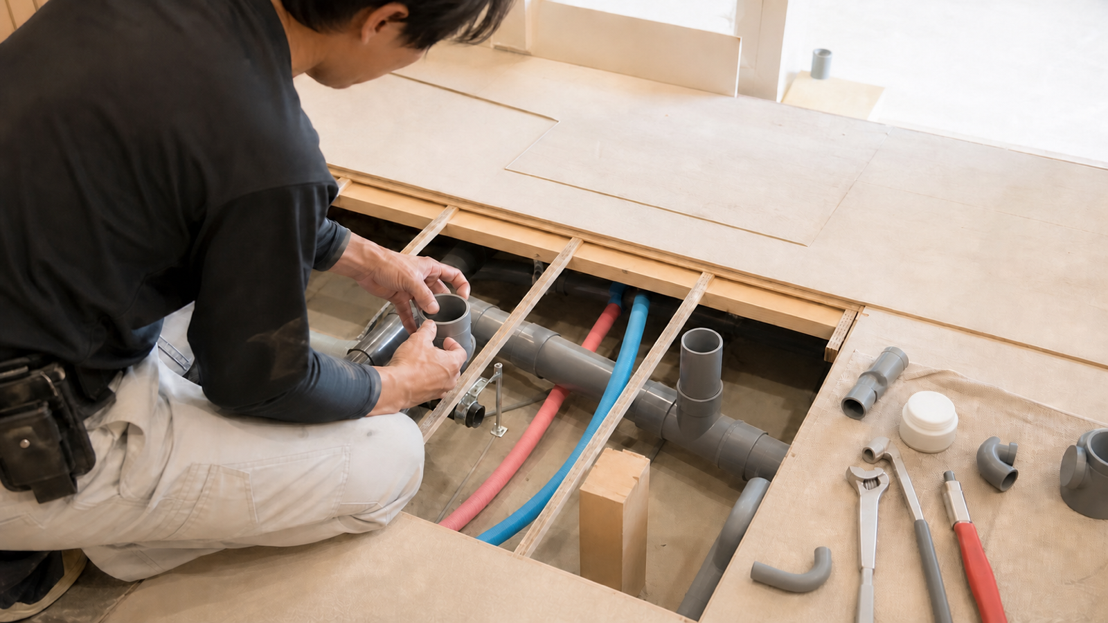 美容室のシャンプー台まわりの給排水工事。床上げした配管スペースに給水・給湯・排水の管が並ぶ