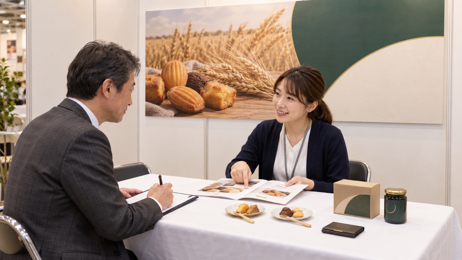 商談会の会場で、テーブル1台と背面パネルの小さなブースに、食品メーカーの担当者とバイヤーがテーブルをはさんで座り、試食と商品資料を前に話している様子