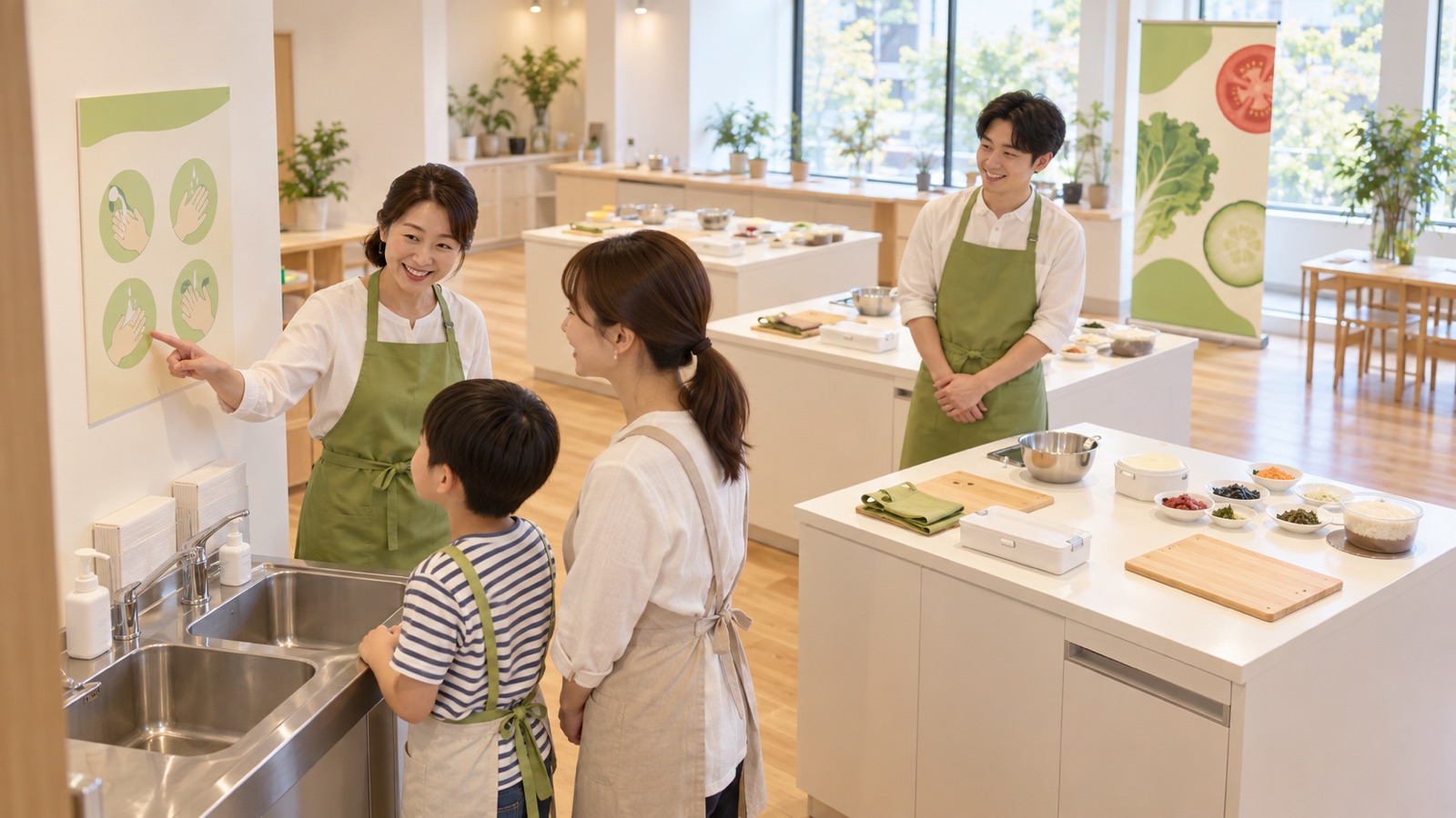 親子の料理体験の会場で、講師が手洗いの手順を案内している様子