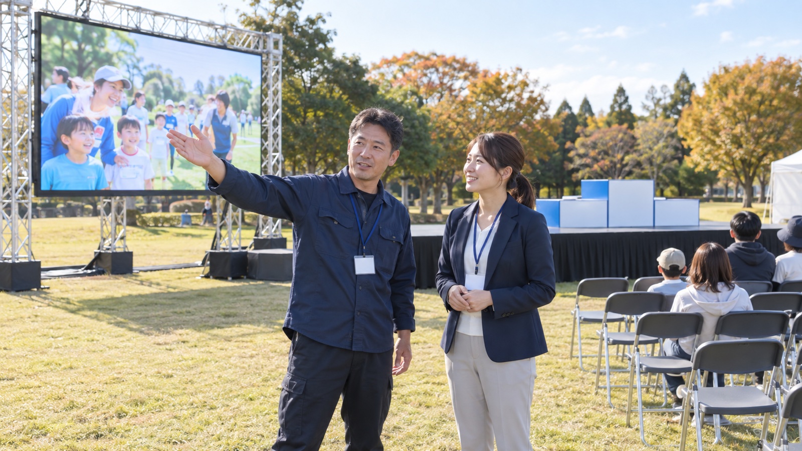 屋外の表彰式ステージの横に立つLEDビジョンを、設営スタッフと主催者が確かめている様子
