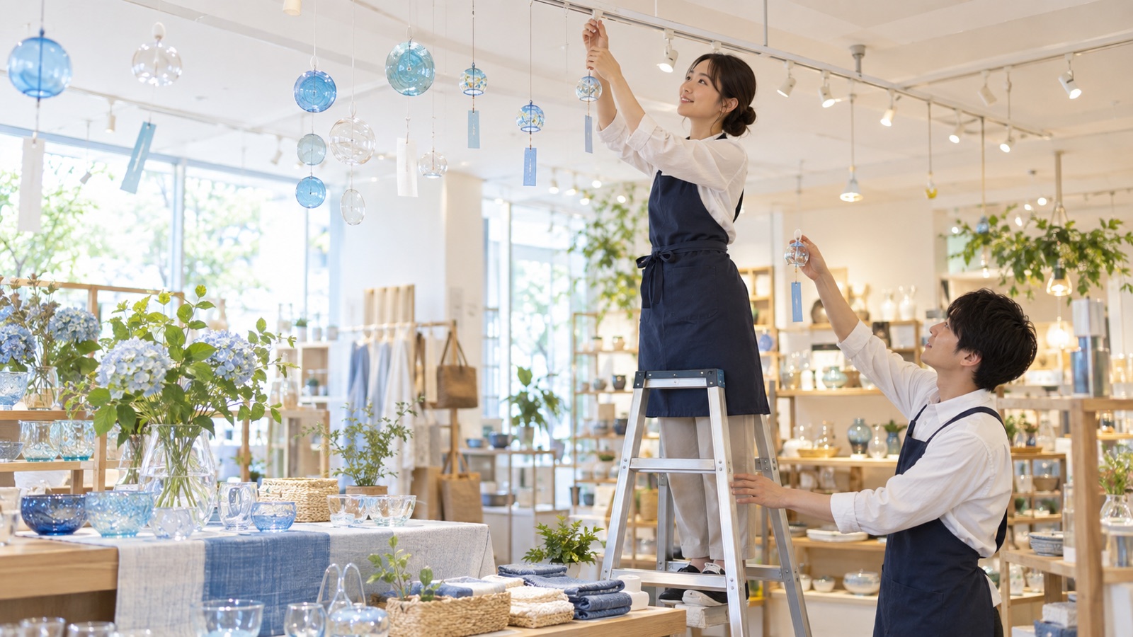 店内の天井から夏の吊り飾りを取り付けているスタッフ