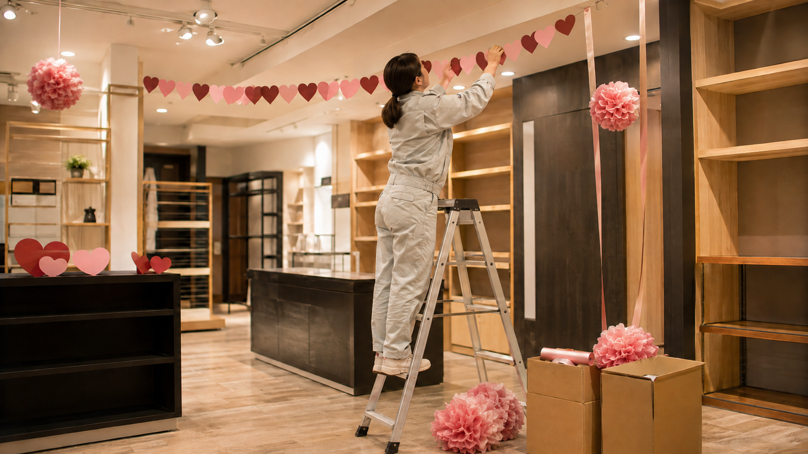 店舗のバレンタイン装飾を設営するスタッフ