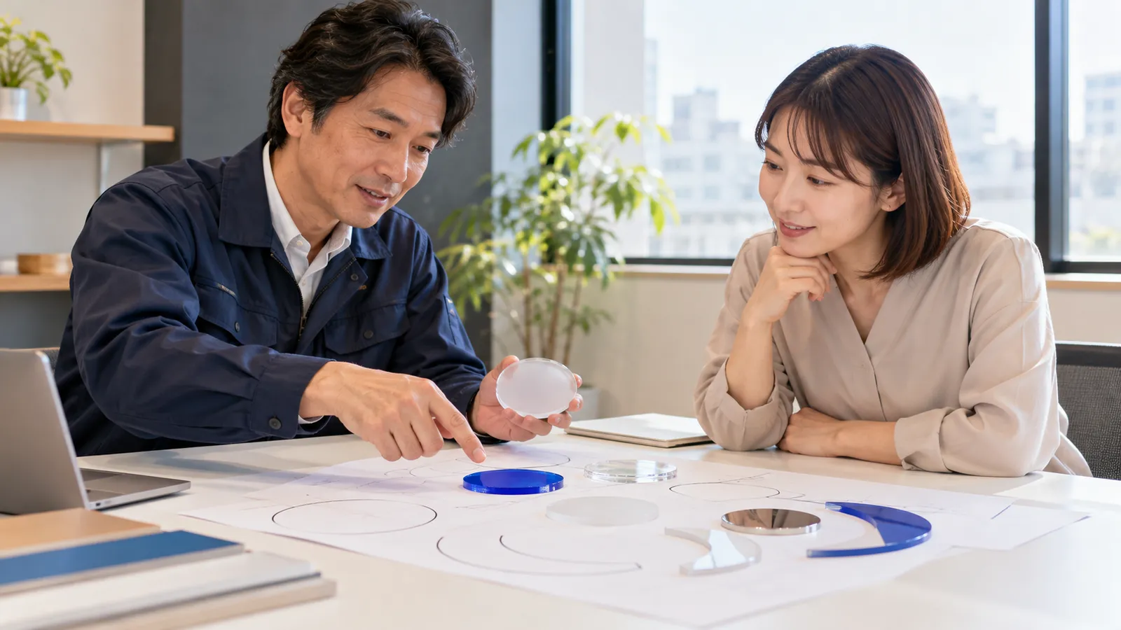 オフィスの会議室の机の上で、看板の会社の担当者とお客さまの2人が、無地の丸と弧の形を印刷した原寸の型紙と、数枚のアクリルの色見本を広げて話し合っている様子を、机の横から写した写真。紙にも見本にも文字や数字は無い