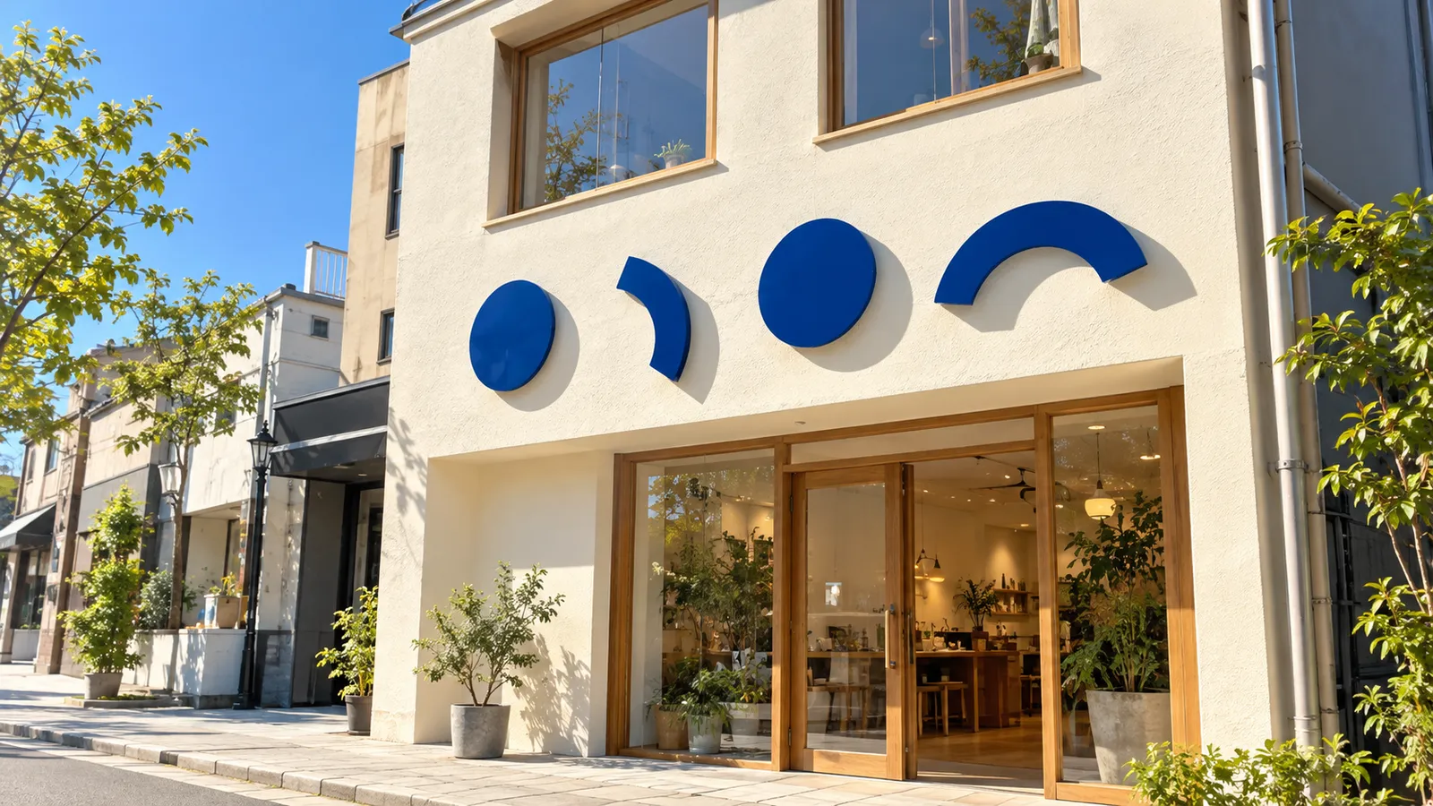 晴れた日の昼、日が当たる明るい外壁の店舗の入口の上に、濃い青のアクリル板を切り抜いた丸と弧の形が並んで付いている様子を、道路の向かい側の歩道から少し見上げるように写した写真。外壁に強い日の光が当たっている。人物は写っていない