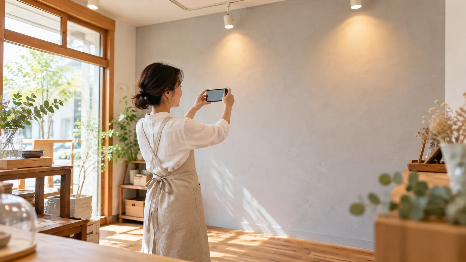 明るい店内の何も付いていない壁の前で、エプロン姿の店主らしい40代の女性が、スマートフォンを構えて壁の写真を撮っている様子を、少し離れた斜め後ろから写した写真。壁には何も付いておらず、どこにも文字は無い