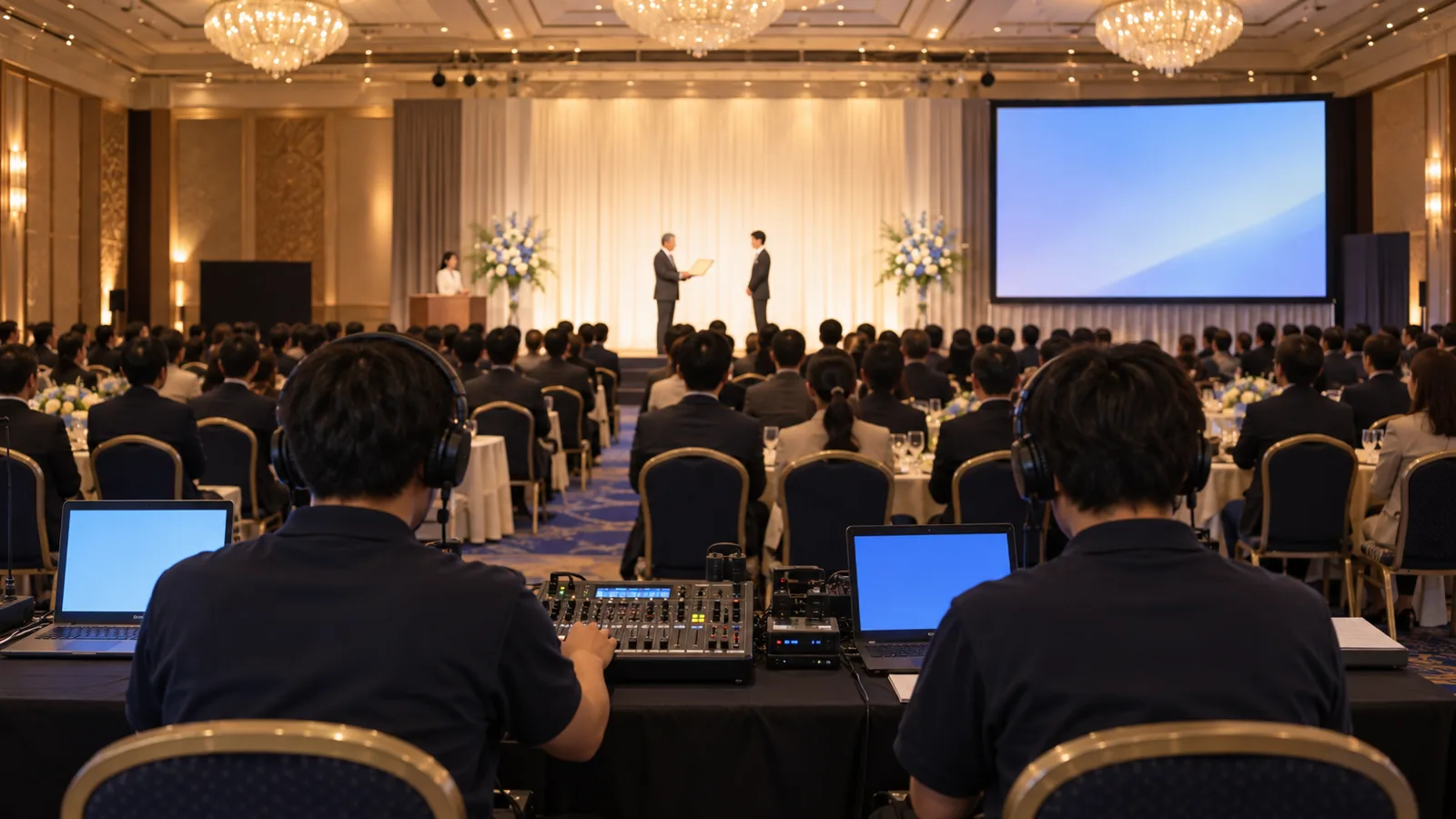 本番中の宴会場を客席の一番後ろから写した全景の写真。手前に音響と映像の操作卓とスタッフ2人の後ろ姿があり、奥のステージでは授与が行われ、ステージの横の大きな画面に受賞者紹介の映像が映っている