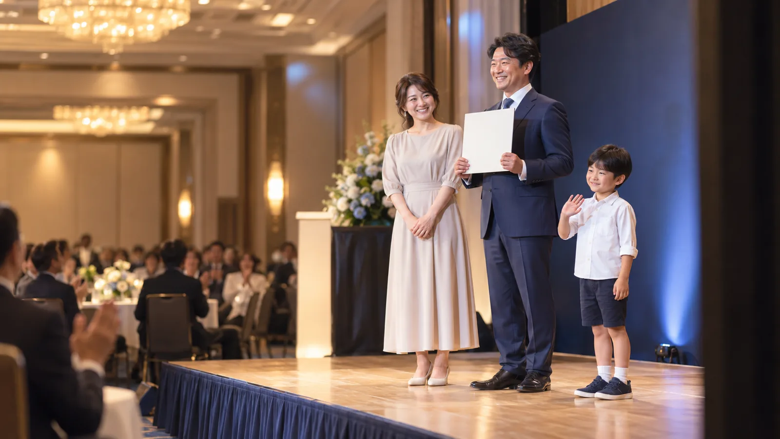 表彰式のステージの上で、表彰状を持った受賞者の男性の隣に小学生くらいの子どもと妻が並んで立ち、子どもが照れながら客席に手を振っている様子を、ステージの斜め横の袖から中くらいの距離で写した写真