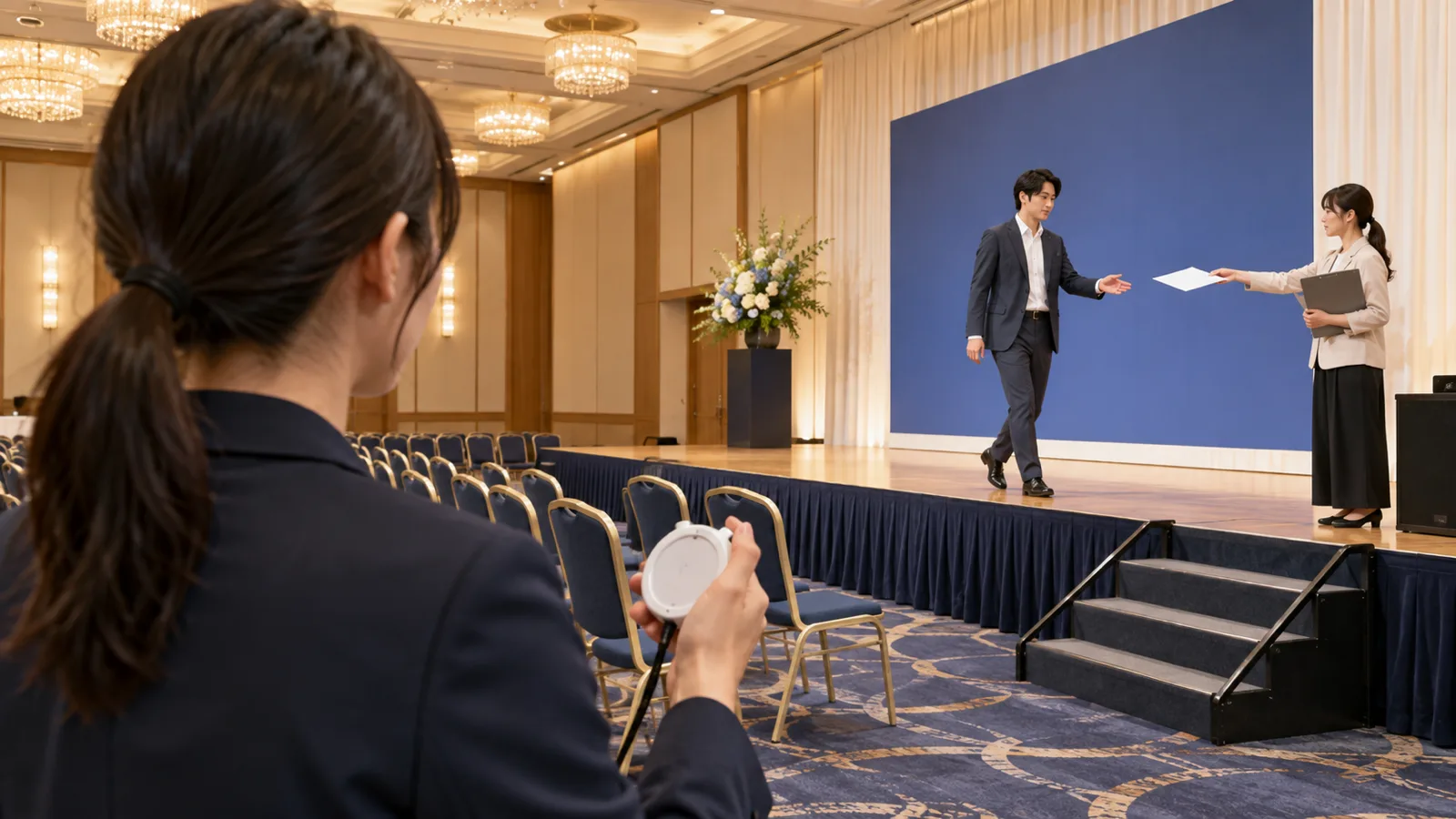 開場前の宴会場のステージで、スーツ姿の代役の男性が演台の前で賞状を受け取る動きをしている様子を、ストップウォッチを持ったスタッフの肩越しに写した写真
