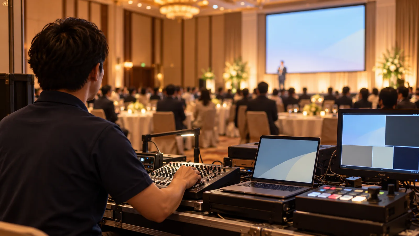 宴会場の脇に置いた音響と映像の操作卓の前で、スタッフがステージの方を見ながら機材を操作している様子を、後ろから写した写真