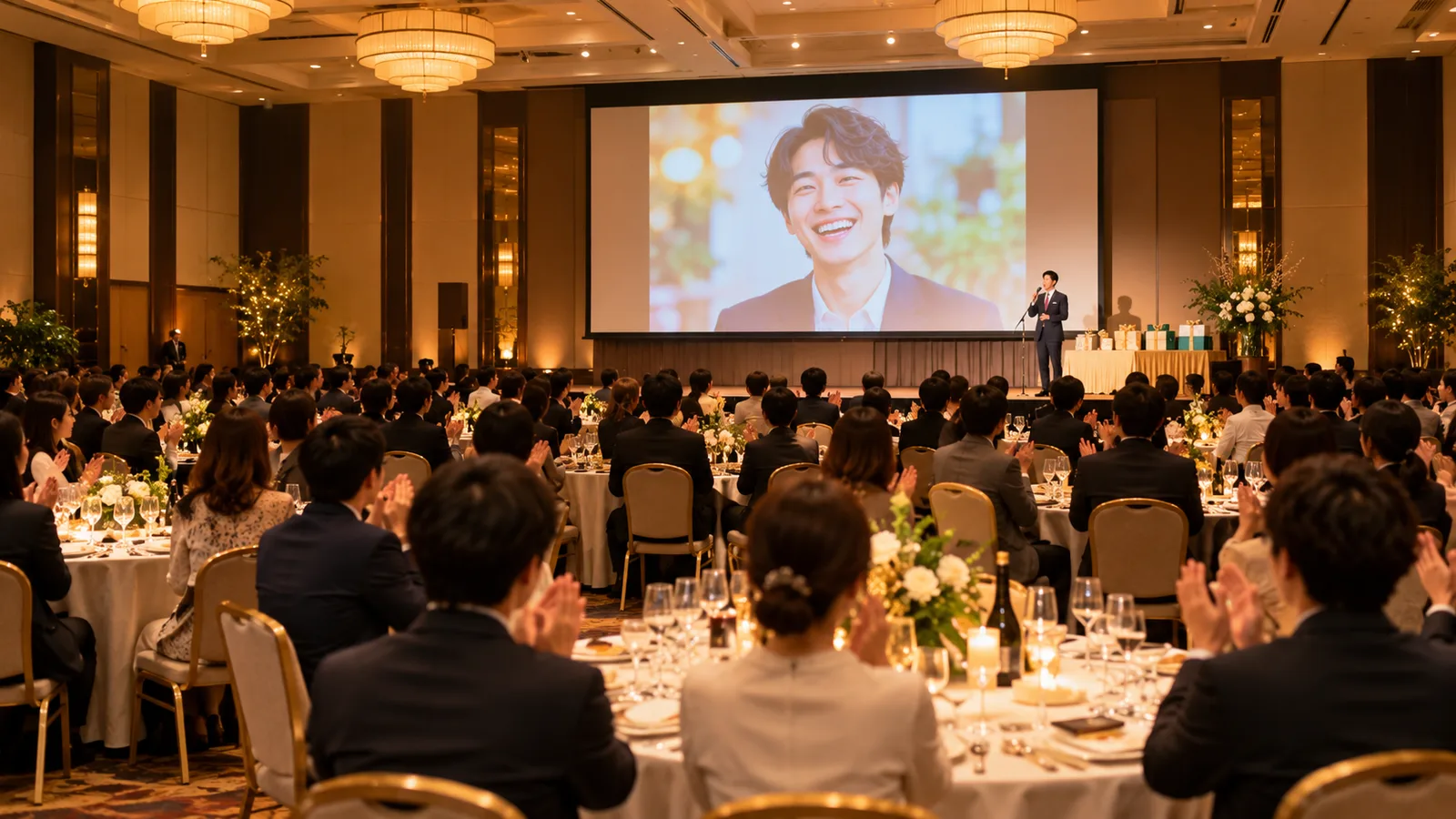 ホテルの宴会場のステージで、抽選会の当選者が大きなスクリーンに映し出されている場面を、会場の後ろから広く写した写真