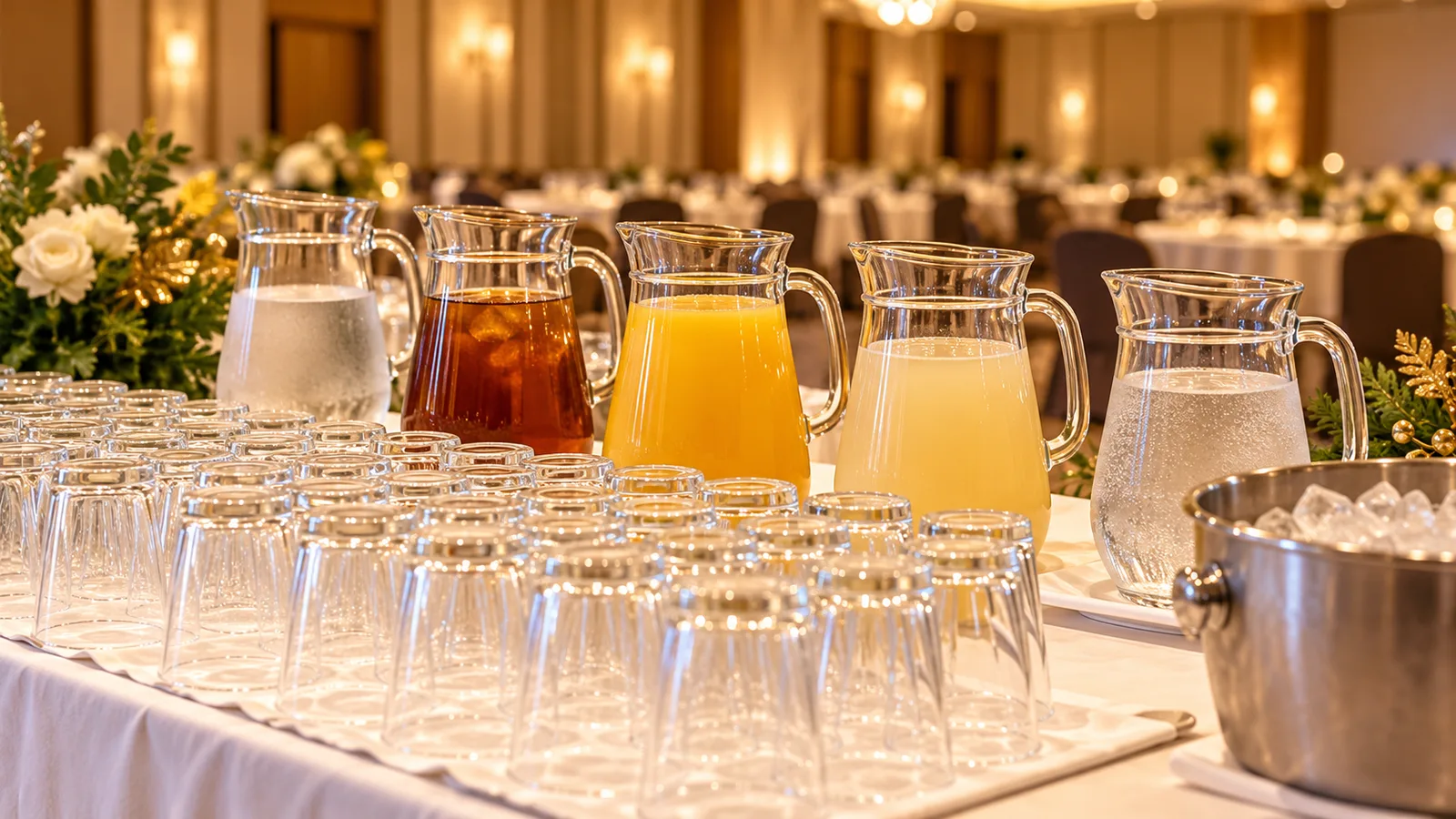 宴会場のドリンクコーナーに、水やお茶、ソフトドリンクのピッチャーとグラスが並んでいる様子を、斜め前から近くで写した写真
