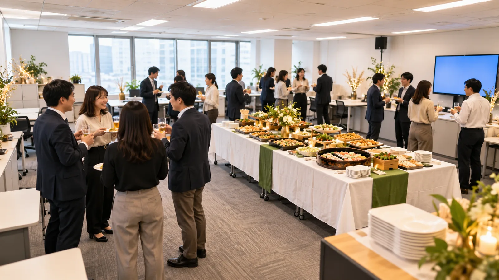 いつもの執務室の机を寄せてテーブルを並べ、料理を置いて忘年会の会場にした様子を、部屋の隅から広く写した写真