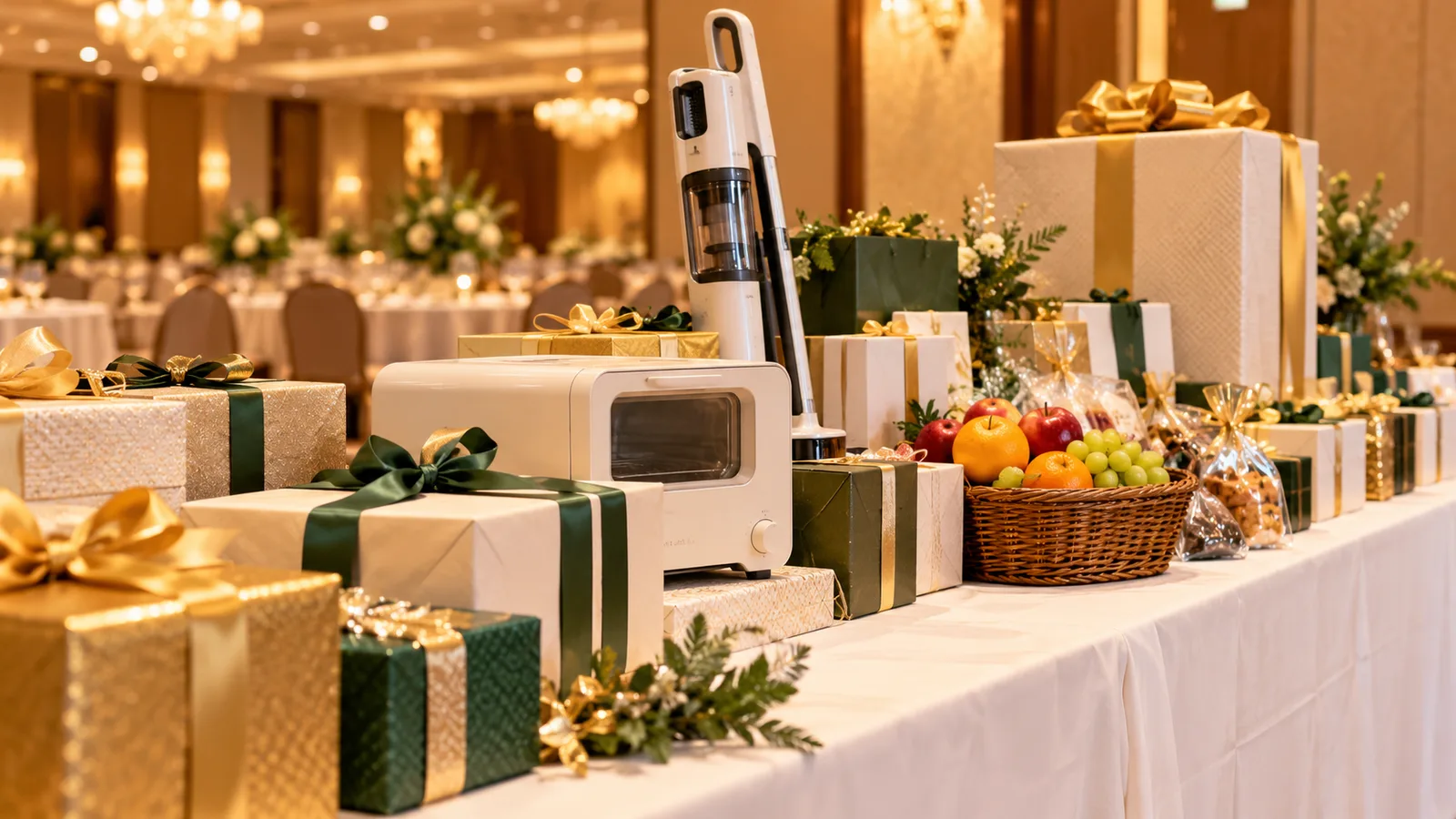 宴会場の脇のテーブルに、リボンを掛けた大小の景品の箱と家電が並んでいる様子を、テーブルの高さから横に写した写真