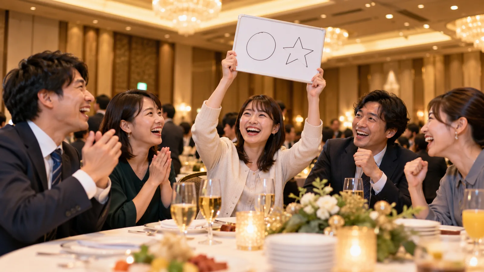 円卓を囲んだ社員たちが、チーム対抗のクイズで答えを書いたボードを掲げている様子を、低い位置から写した写真