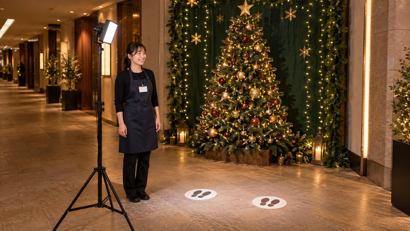 夜の商業施設の通路で、ツリーの電飾と、立ち位置の斜め前に置いたライトを確かめるスタッフ
