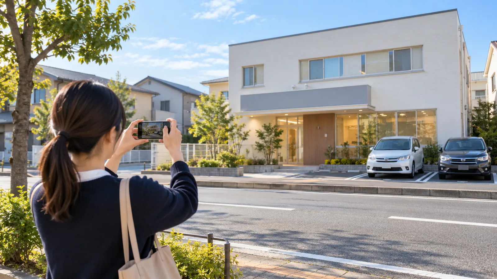 道路の向かい側の歩道に立った紺のカーディガンの30代の女性が、スマートフォンを横に構えて、通りの反対側にある2階建ての医院の外壁を撮っている様子を、斜め後ろから写した写真。外壁には文字の読めない無地の看板の形だけがあり、医院の前の駐車場には車が2台止まっている