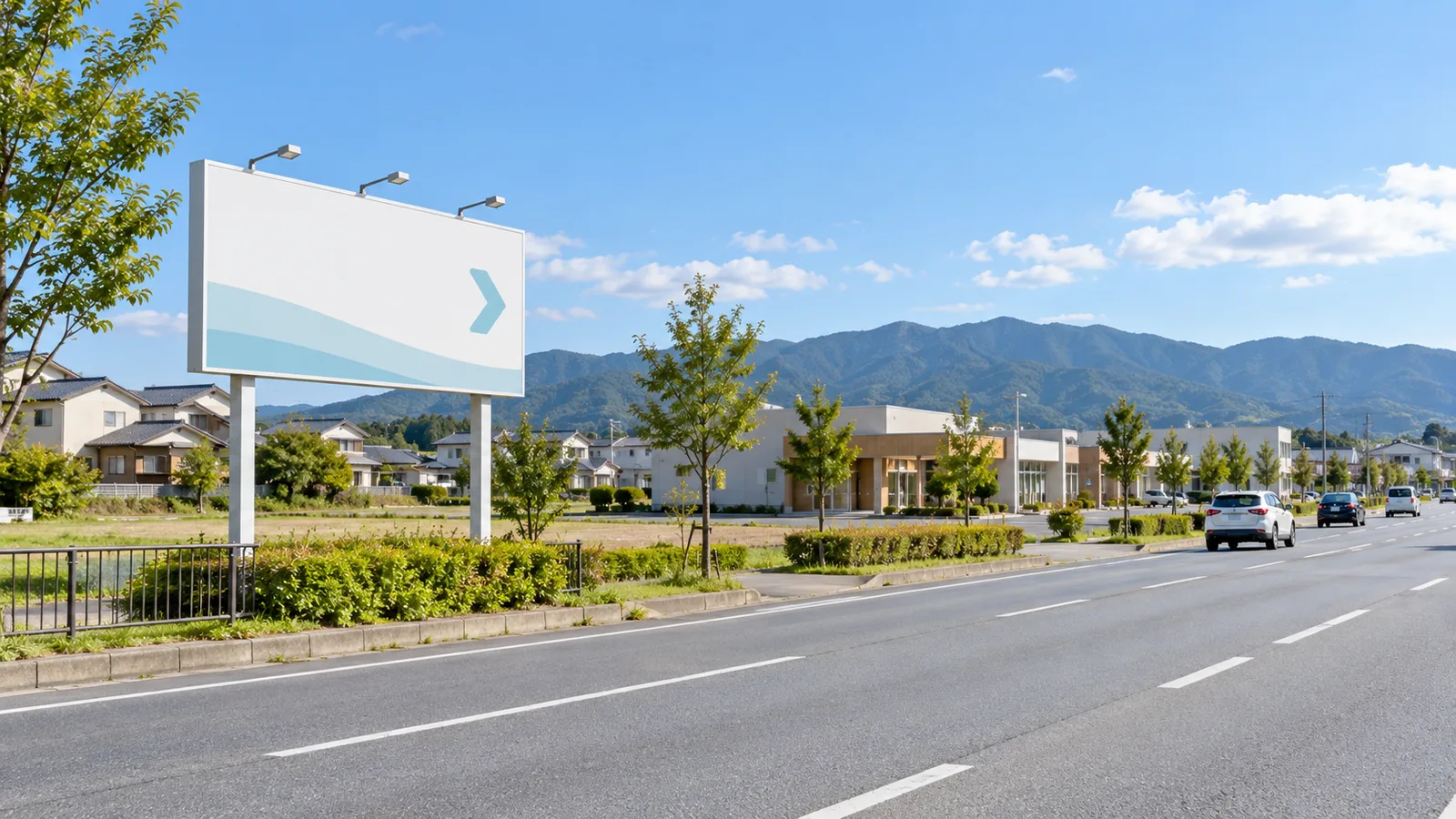 郊外の幹線道路沿いの歩道に立つ、背の高い無地の野立て看板を、道路の向かい側から広く写した写真。看板には矢印のような形と淡い色面だけがあり、奥に住宅街と低い建物が見える。車が数台小さく走っている