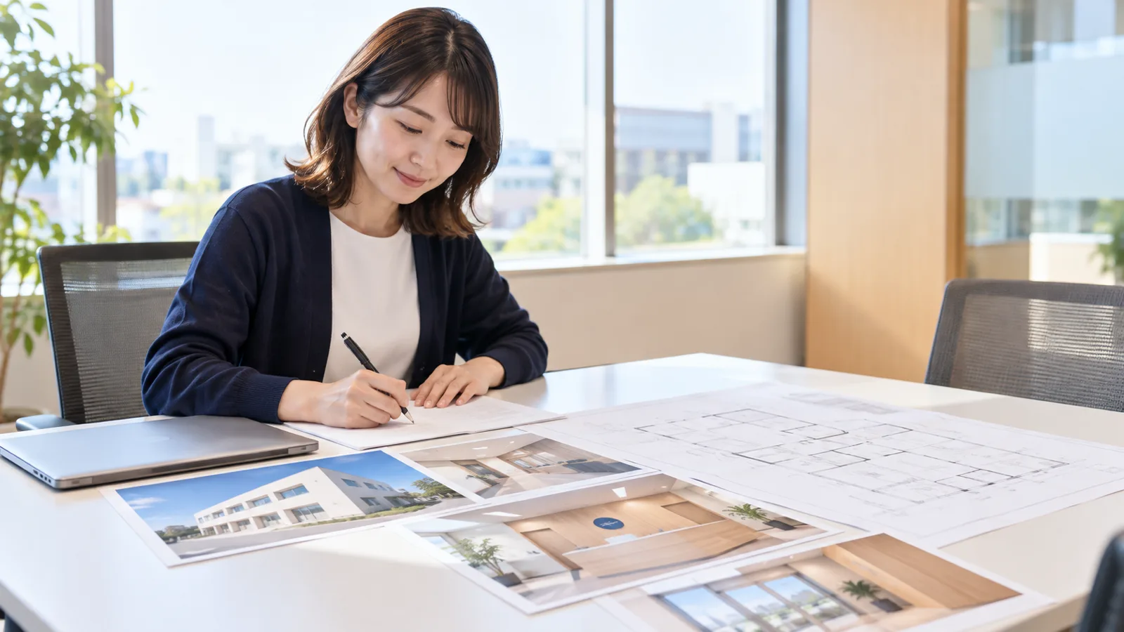 会議室の机の上に、社屋の外観と受付の壁を写したプリントの写真が数枚と、建物の平面図、無地の書き込み用の用紙が並び、総務の担当の女性がペンで用紙に書き込んでいる様子を、机の横から目の高さで写した写真