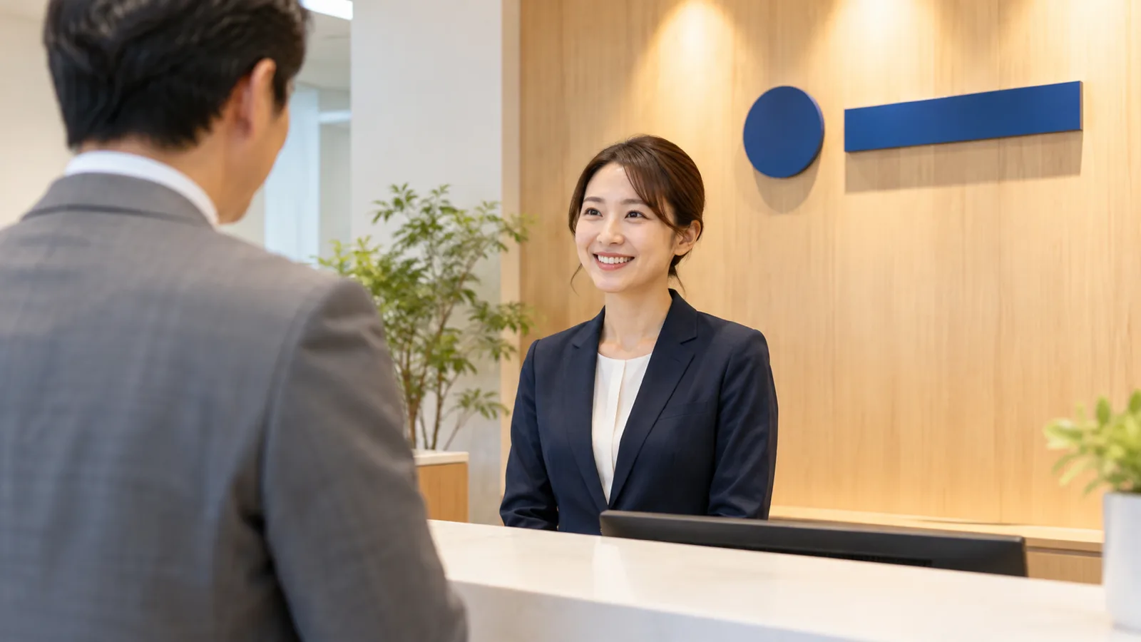 オフィスの受付カウンターの前に立つ訪問者の男性の肩越しに、受付の後ろの明るい木目の壁に付いた紺色の丸い形の立体のマークと、その横の無地の細い立体の帯を写した写真。受付の女性スタッフが穏やかに応対している