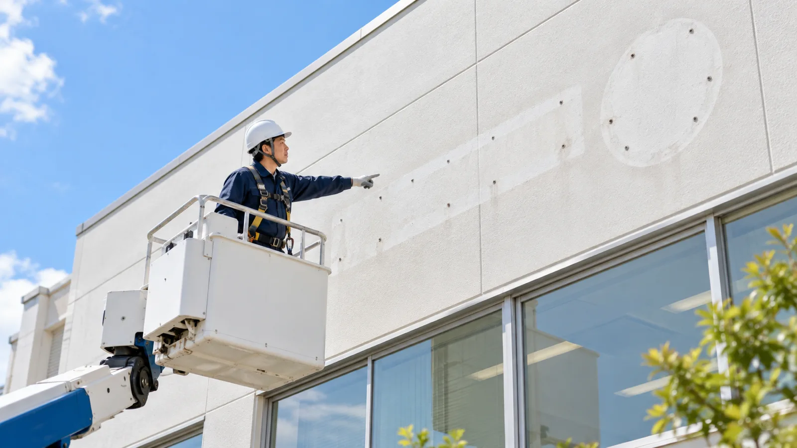 社屋の外壁で、古い立体の文字を外したあとの壁を、高所作業車のかごに乗った紺の作業着の作業員が近くで確かめている様子を、少し離れた斜め下から写した写真。壁には小さな取り付けの穴と、文字の形にうっすら色が違う跡が残っている