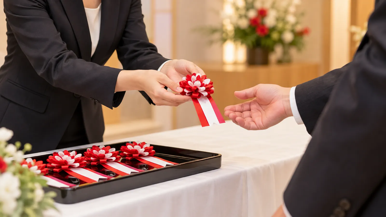 式典の受付で、白い布を掛けた長机の後ろに立つスタッフが、来賓の胸に付ける紅白の胸章リボンを手渡している手元を、横から近くで写した写真