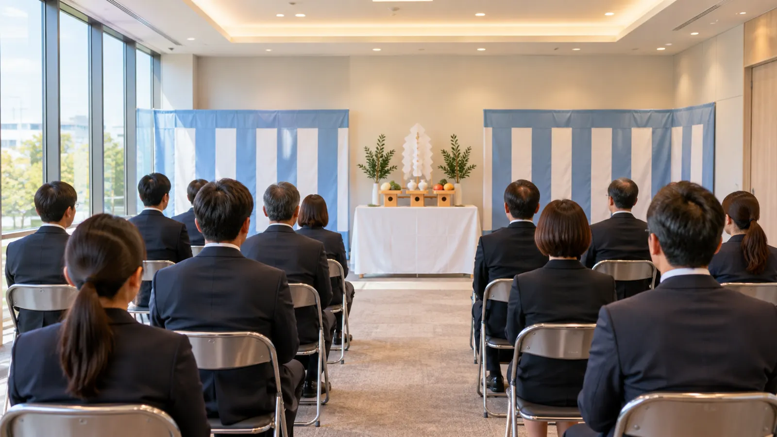会議室に設けた小さな祭壇の前で、スーツ姿の社員十数名が椅子に座って式に臨んでいる様子を、部屋の後ろから写した写真。祭壇の左右に青白の幕が掛かっている