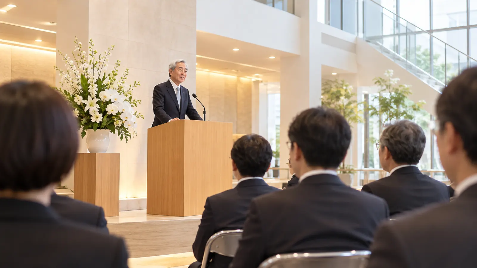 新しい社屋のロビーに設けた式典の会場で、演台に立つスーツ姿の男性が挨拶している様子を、客席の横から写した写真。手前に参列者の後ろ姿が少し写っている