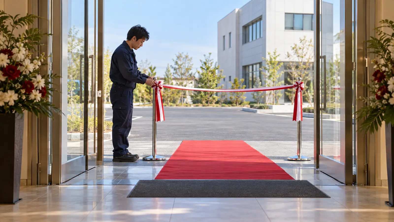 新しい建物のガラスの入口の前で、紺の作業着の作業員が、テープカット用の紅白のテープを2本のスタンドの間に張っている様子を、開いた扉の内側から写した写真。足元に赤いカーペットが敷かれている
