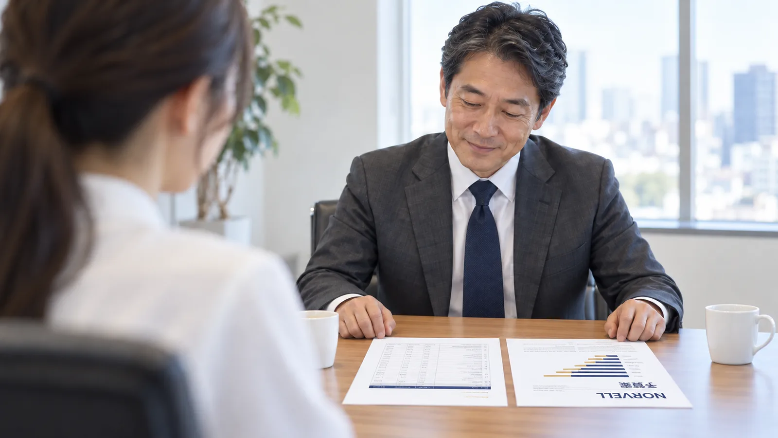 会社の会議室で、イベント担当の社員が説明する予算の資料を、上司が自分の手前に置いて読んでいる様子を、担当者の肩越しに写した写真