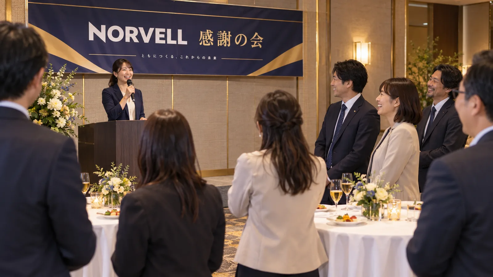 会社の懇親会の会場で、司会の女性がマイクを持って進行し、テーブルを囲んだ社員たちが前を向いて笑っている様子を、会場の横の低い位置から写した写真