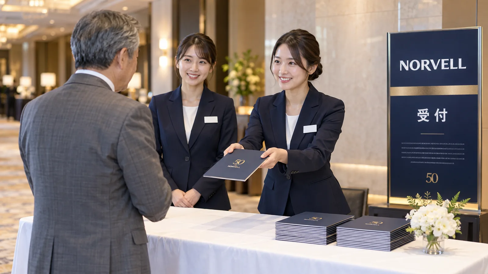 式典の会場の入口で、受付のスタッフが来場した方に笑顔で資料を手渡そうとしている様子を、受付の正面から写した写真