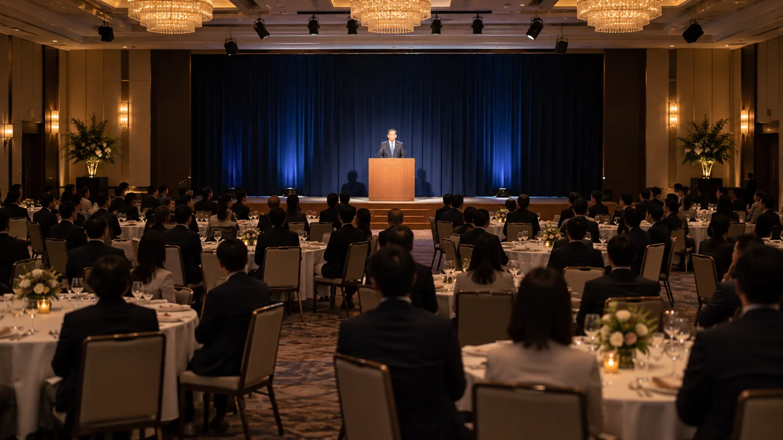 ホテルの宴会場で、ステージの演台に立つスーツ姿の登壇者に、客席の後ろから白いスポットライトが当たっている様子を、円卓の並ぶ客席の後方から広く写した写真