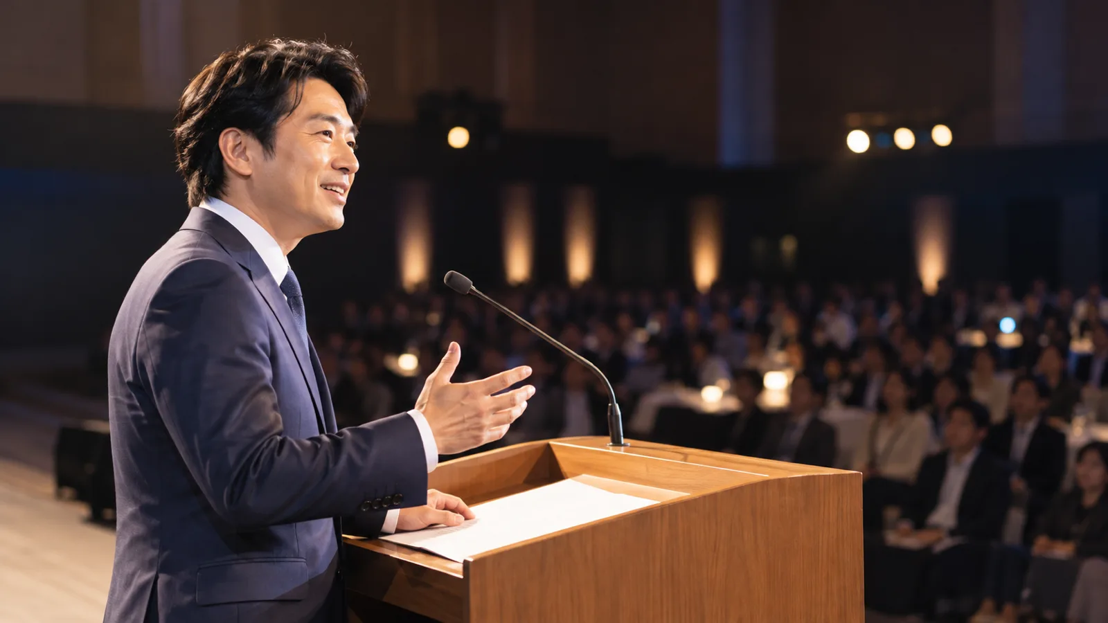 ステージの演台で話す40代の男性の登壇者の顔に、客席側の斜め上から柔らかな白い光が当たり、表情がはっきり見えている様子を、ステージの横から近い距離で写した写真