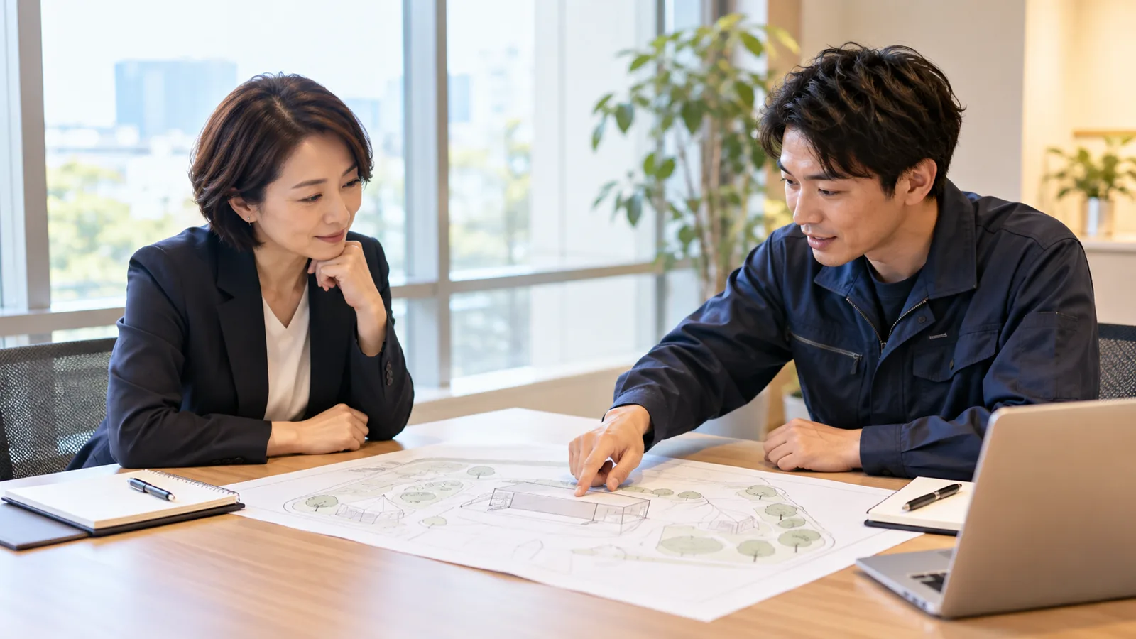会議室で、机に広げた屋外の会場図をはさみ、スーツ姿の主催者の担当者と紺の作業着の照明の担当者が、ステージとテントの位置を指しながら打ち合わせている様子を、机の横から写した写真