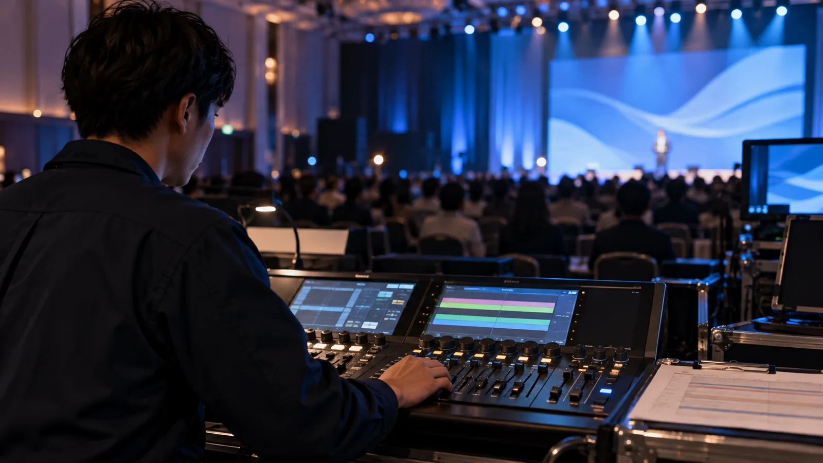 暗いイベント会場の後ろに置いた照明の卓で、操作する人が卓のつまみに手を添え、その肩越しに、遠くの青い光に染まったステージが見える様子を写した写真