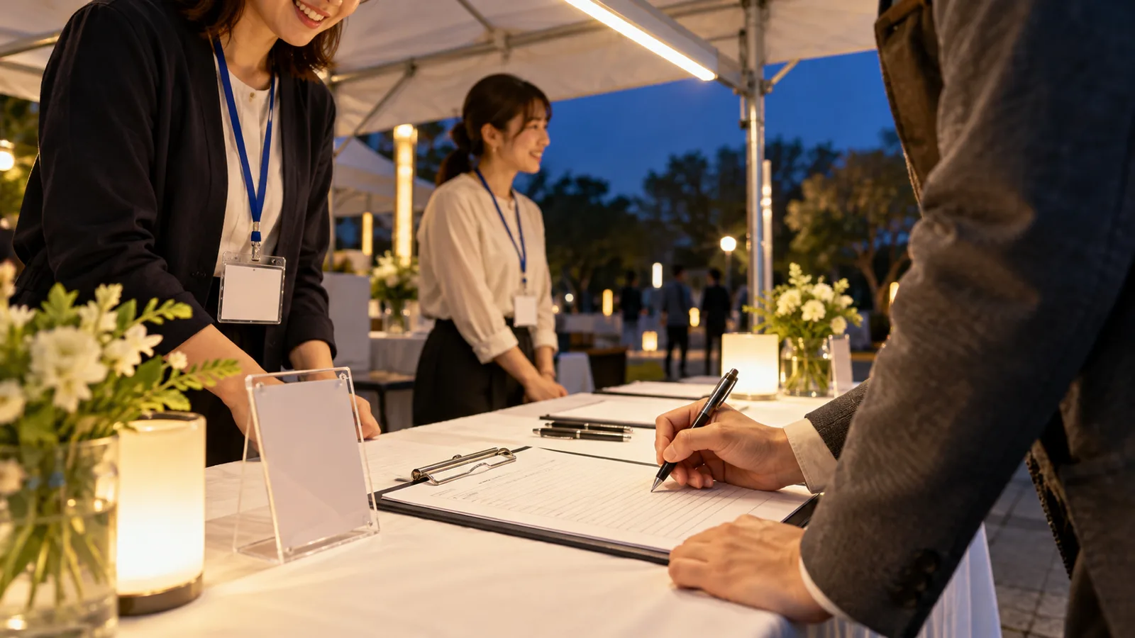 夕方の屋外イベントで、白いテントの骨組みに吊るした細長いLEDの照明が、受付の長机の上の名簿とペンを照らしている手元を、斜め上から近くで写した写真