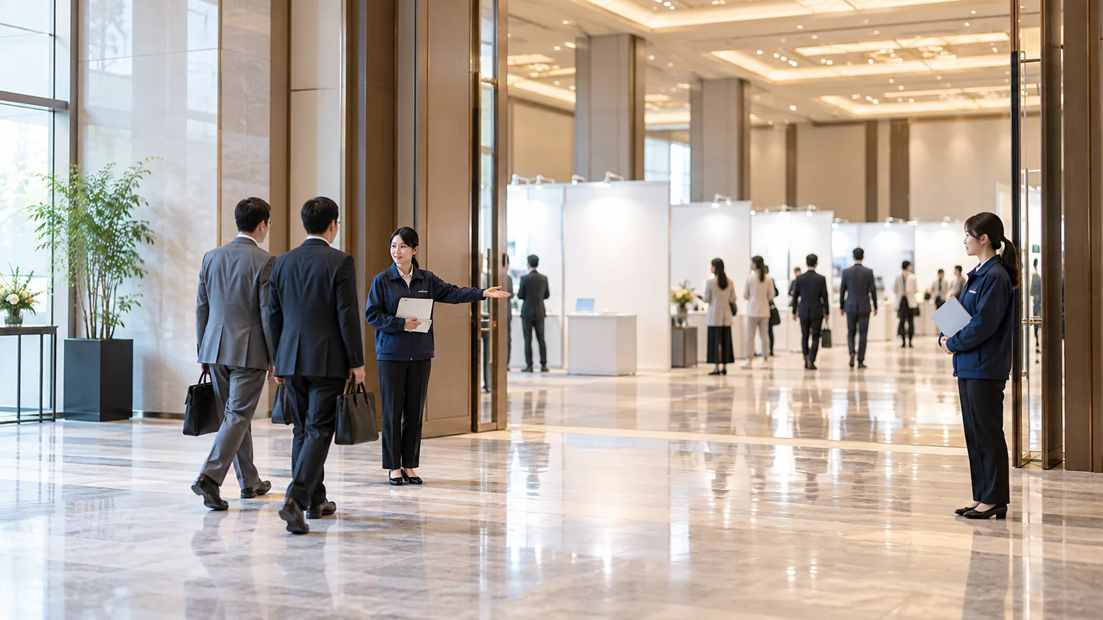 展示会場の入口で、紺の無地のジャケットのスタッフが、来場者に手のひらで会場の奥を示して案内している様子を、少し離れた横から広く写した写真。来場者とスタッフの顔ははっきりさせない