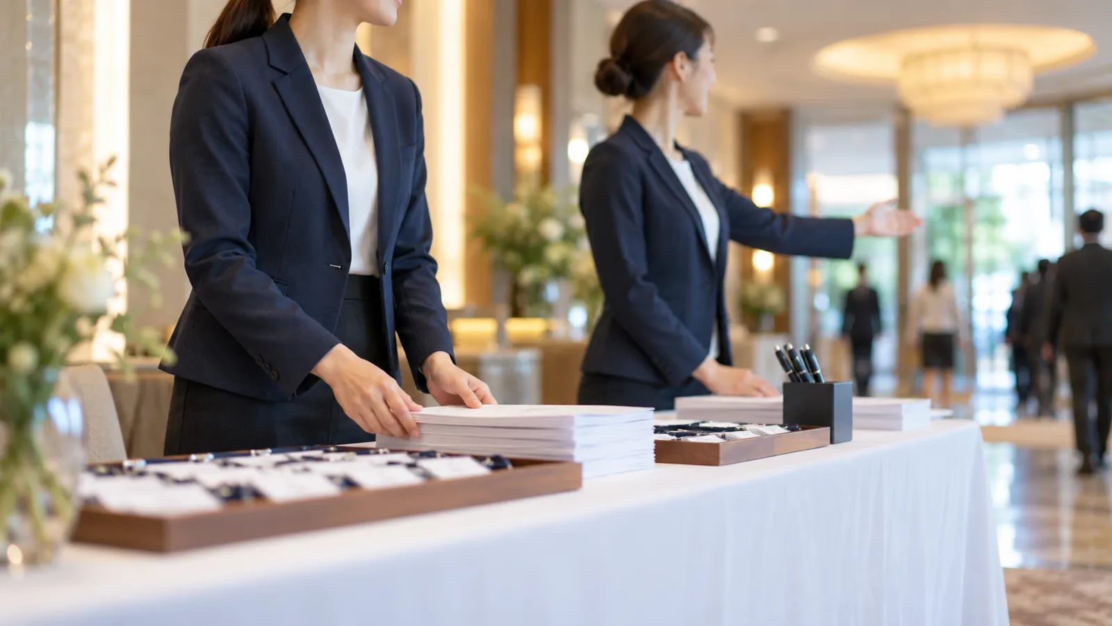 イベント会場の受付で、紺の無地のジャケットを着たスタッフ2人が受付の机の向こうに立ち、来場者を迎える準備をしている様子を、来場者側の低い位置から写した写真。机の上の名札や案内の紙には文字は描かれていない