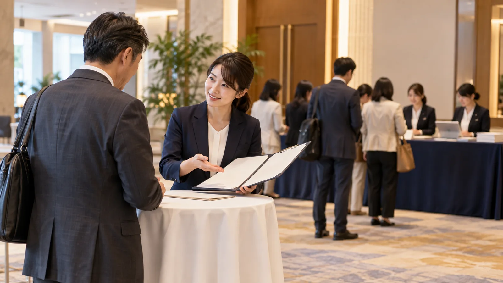 受付の机の横に少し離して置いた小さな丸テーブルで、スーツの男性の来場者に、受付の女性が名簿のバインダーを手に穏やかに説明している様子を、少し離れた後ろ寄りから写した写真